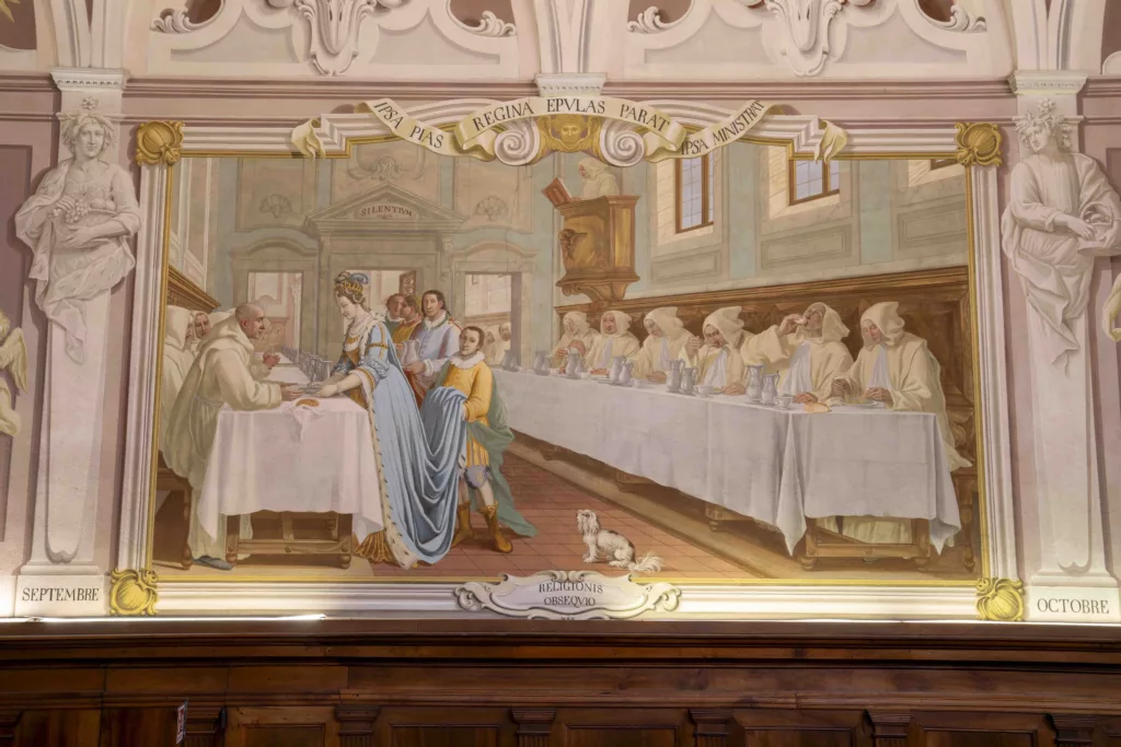 Pietro Giarrè, Caterina de’ Medici, regina di Francia, serve a tavola i monaci nel refettorio della Certosa di Parigi, affresco nel Refettorio,1773